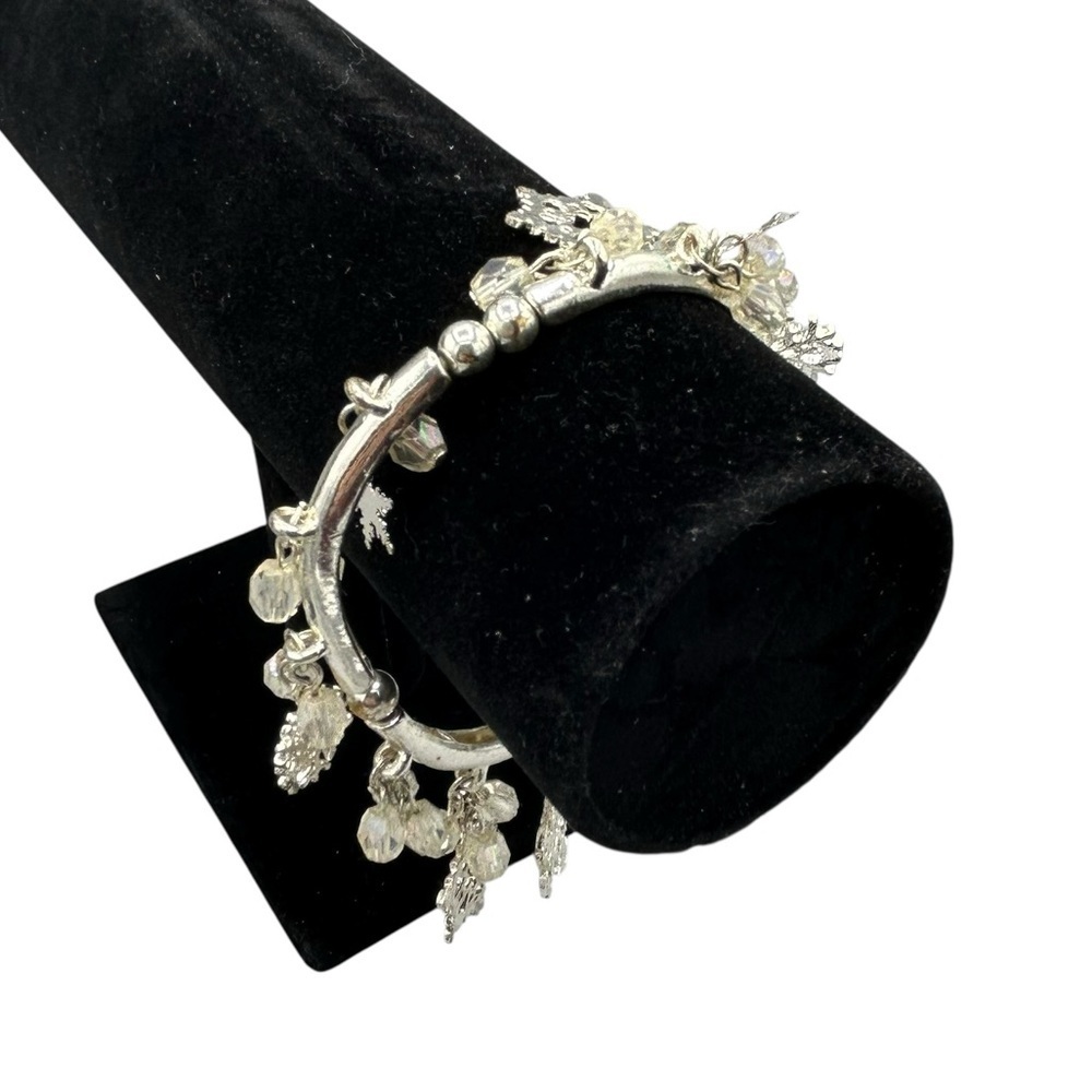 Silver Tone Snowflake Charm Bracelet with Crystal Beads Expandable Bangle